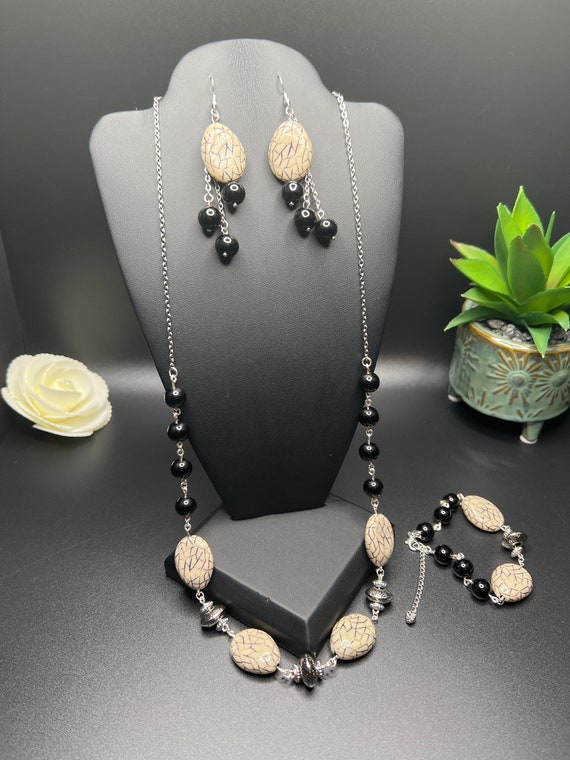Black Silver and Grey Necklace Set, Boho Jewelry, Black and Silver Necklace Set, 3pc Necklace Set, Ethnic Jewelry