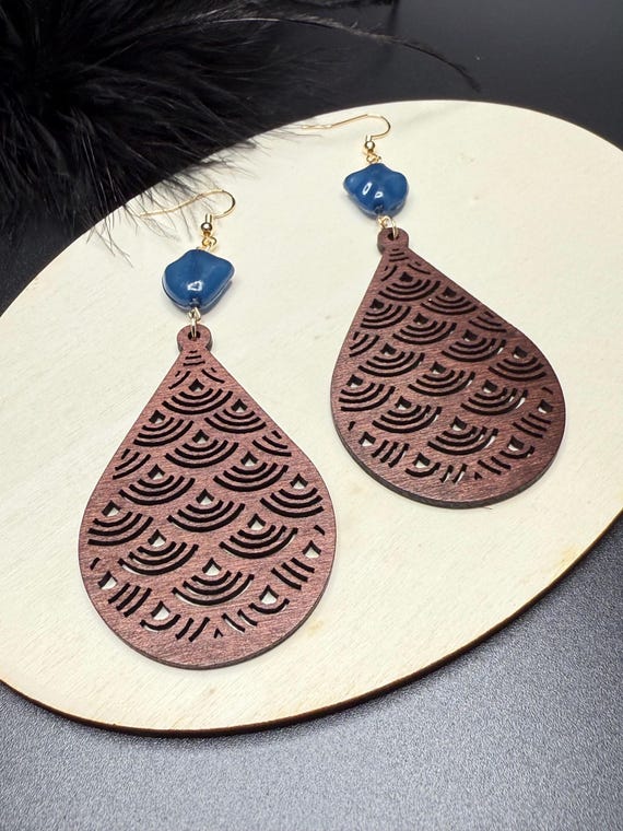 Wood Teardrop Earrings, Blue Beaded Earrings, Urban Jewelry, Boho Earrings, Wood Jewelry, Blue Beads, Gift for Her