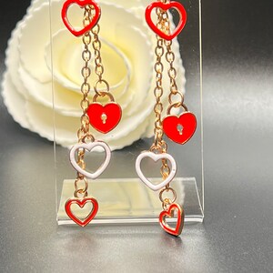 Heart Charm Dangle Earrings, Red Heart Earrings, Red and Gold Earrings, Boho Jewelry, Gift for Her, Valentine&#39;s Gift