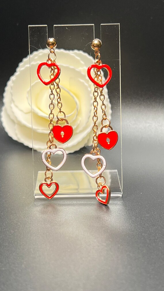Heart Charm Dangle Earrings, Red Heart Earrings, Red and Gold Earrings, Boho Jewelry, Gift for Her, Valentine's Gift