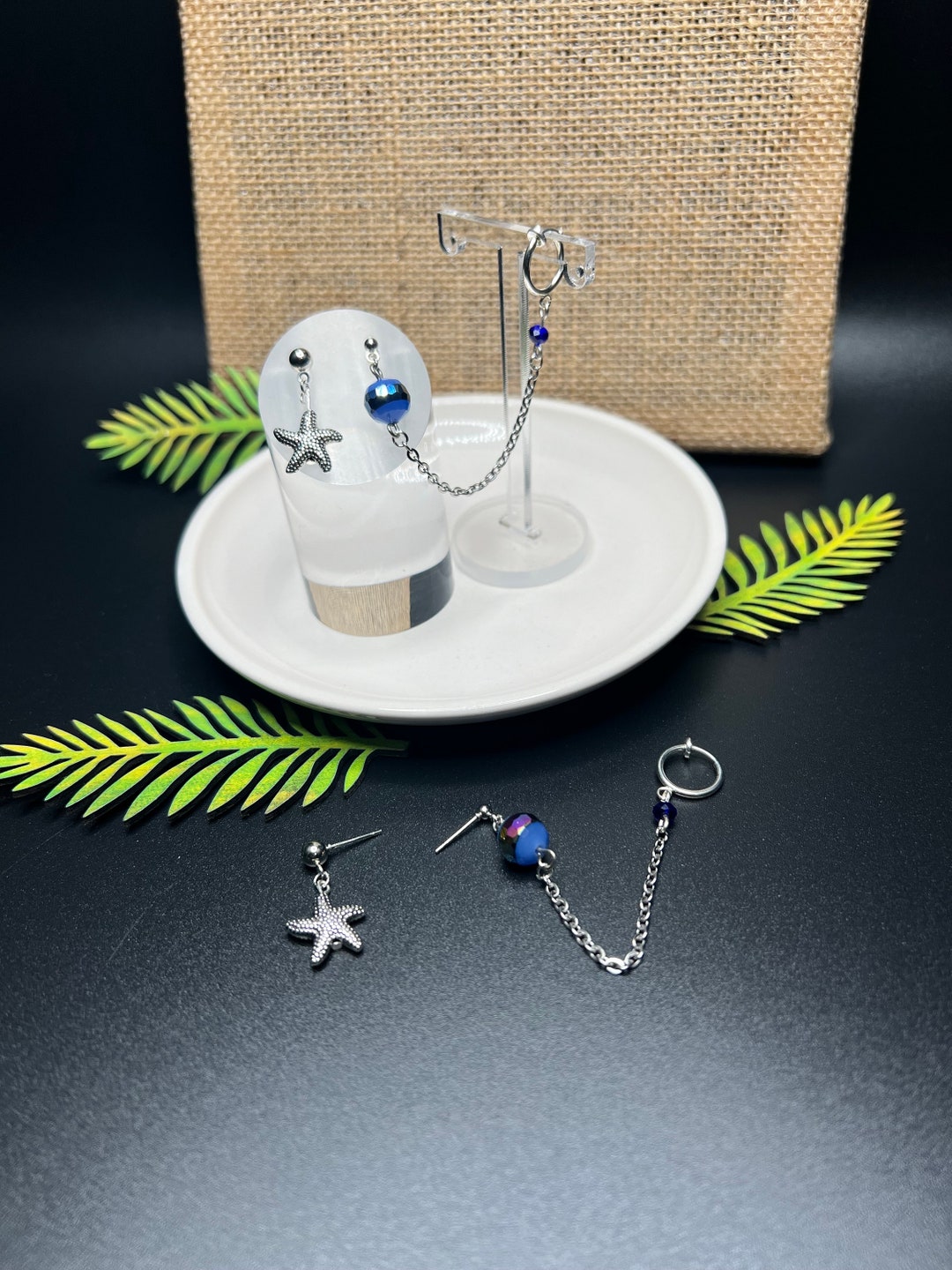 Blue Nautical Charm Stack Earrings: Silver Chain Boho Jewelry - Etsy