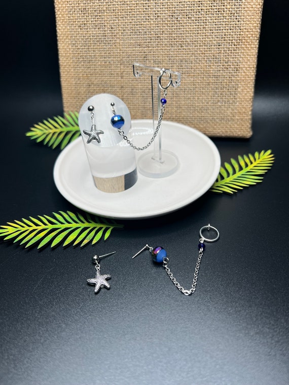 Blue and Silver Charm Stack Earring with Chain, Nautical Charm, Modern Jewelry, Boho Earrings, Stack Earrings