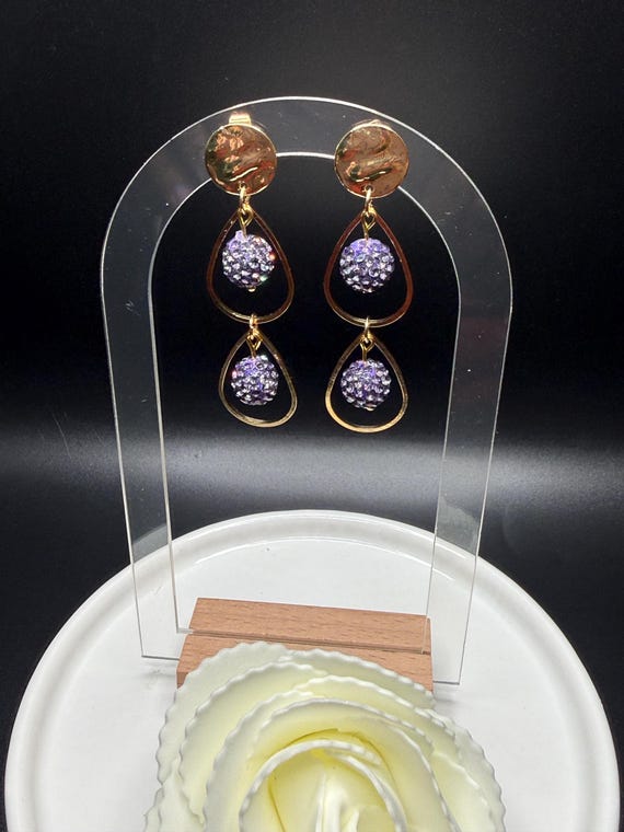 Purple Beaded and Gold Teardrop Dangle Earrings with Disc Post