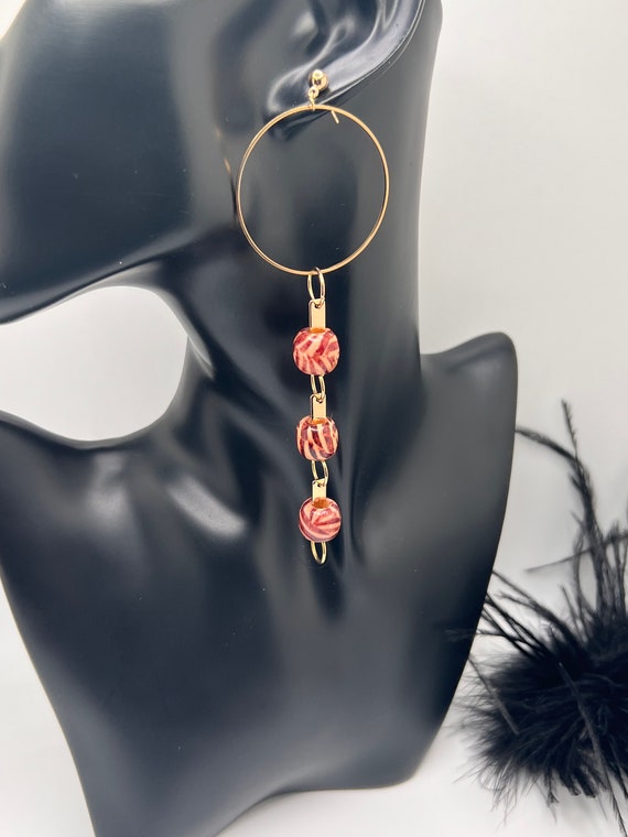 Nature Inspired Wood Earrings, Animal Print Long Hoop Earrings, Beaded Wood Earrings, Boho Fashion, Gift for Her