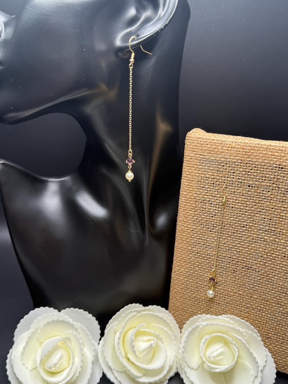 Amethyst Gold White Pearl Dangle Earring