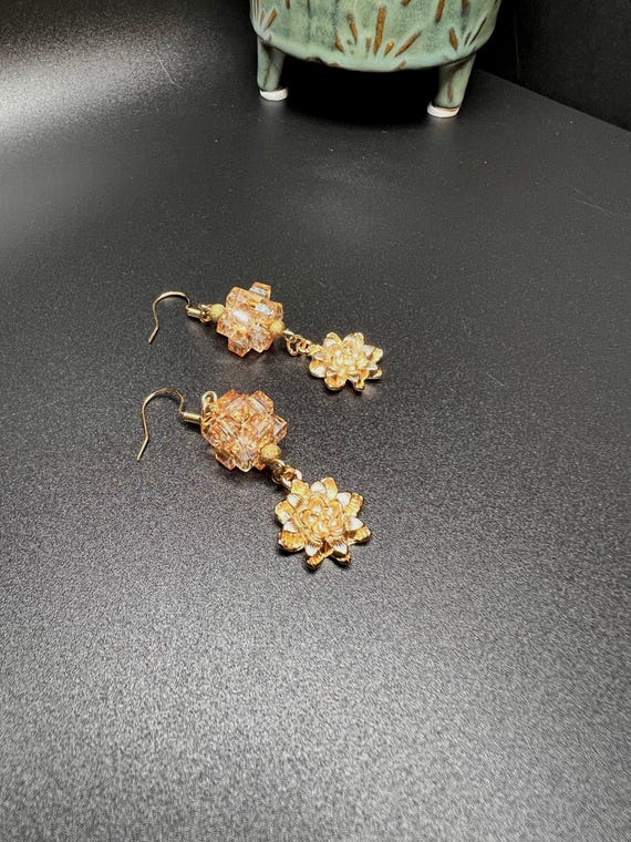 Gold Flower Charm and Crystal Earrings, Elegant Gold Earrings, Avant Garde Jewelry, Gold Flower Charm Earrings