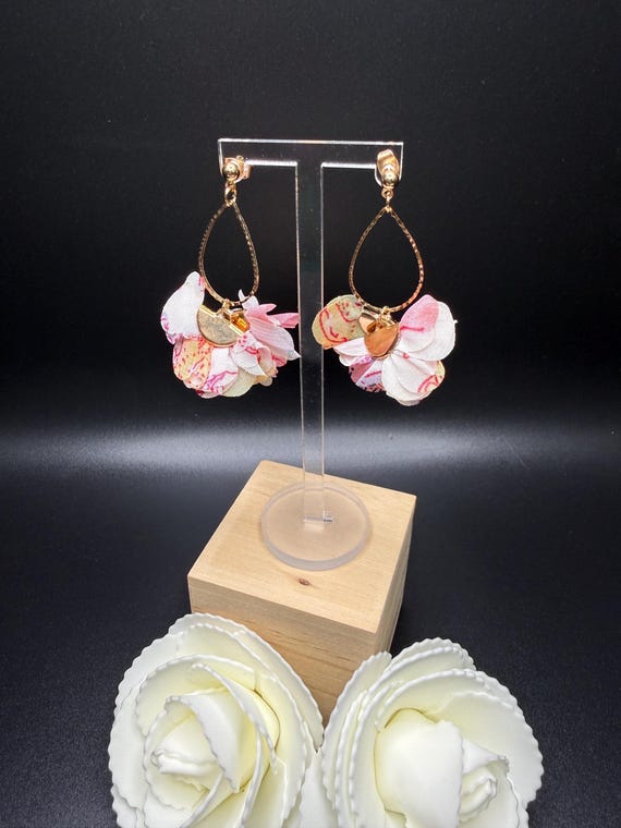 Flower Fabric Multi-Print Tassel Teardrop Hoop Earrings