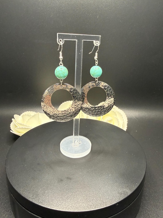 Hammered silver hoops with teal bead drops, statement dangle earrings