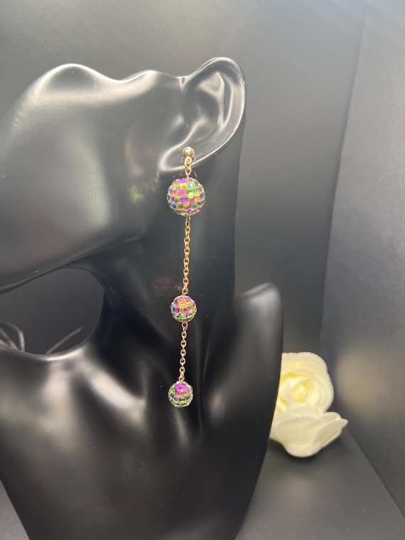 Rainbow Triple Mirror Ball Long Earrings