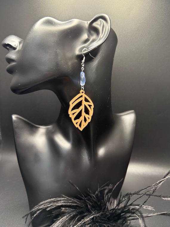 Blue Beaded Wood Earrings, Wood Leaf Earrings, Leaf Wood Earrings, Wood Earrings, Nature Inspired Jewelry