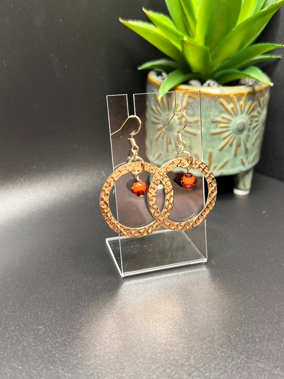 Brown Bead Gold Textured Hoops, Brown Bead Earrings, Gold Hoops, Textured Hoops, Statement Jewelry, Gift for Her