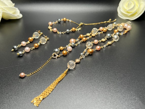 Tri Color Pearl Necklace Set, Pearl Necklace, Pearl Bracelet Earrings Set, Colored Pearl Jewelry, 3pc Necklace Set