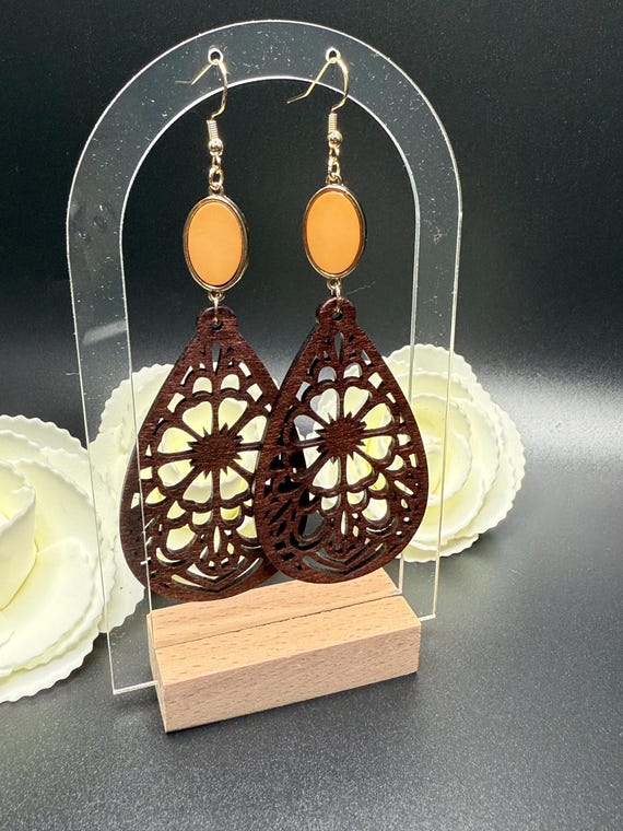 Beige and Gold Charm Wood Earrings, Boho Jewelry, Urban Earrings, Wood Earrings, Unique Gift, Nature Inspired