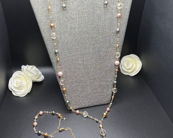 Tri Color Pearl Jewelry Set: Necklace, Bracelet & Earrings