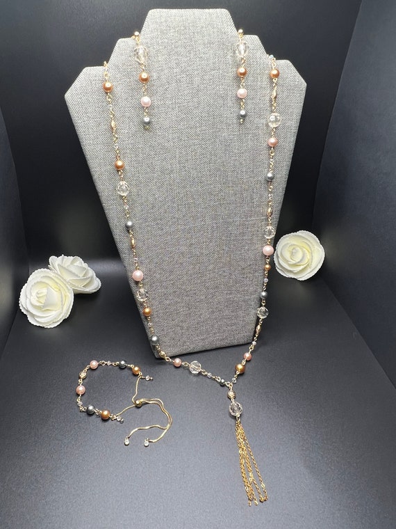 Tri Color Pearl Necklace Set, Pearl Necklace, Pearl Bracelet Earrings Set, Colored Pearl Jewelry, 3pc Necklace Set