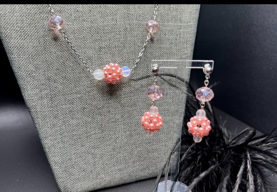 Pink Pearl Necklace Set, Pink Earrings, Pink Pearl Jewelry, Pink Bridal, Quinceañera Jewelry, Pink Wedding Set, Gift For Her