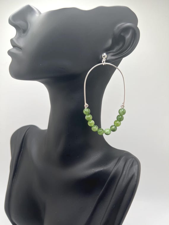 Silver Oval Hoop Earrings, Boho Hoop Earrings, Silver Hoops, Silver Earrings, Green Statement Earrings, Silver and Green Earrings
