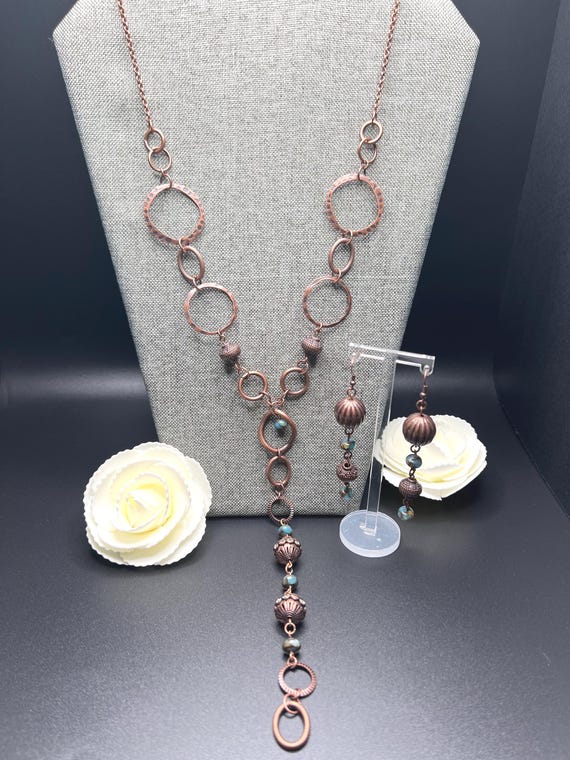 Copper Necklace, Beaded Necklace Set, Handmade Copper Earrings, Copper Jewelry Set, Handmade Necklace Set