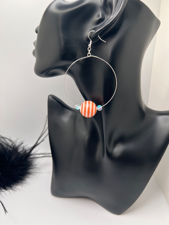Orange Striped Large Hoop Earrings, Boho Statement Earrings, Orange Hoops, Bohemian Earrings, Gift For Her