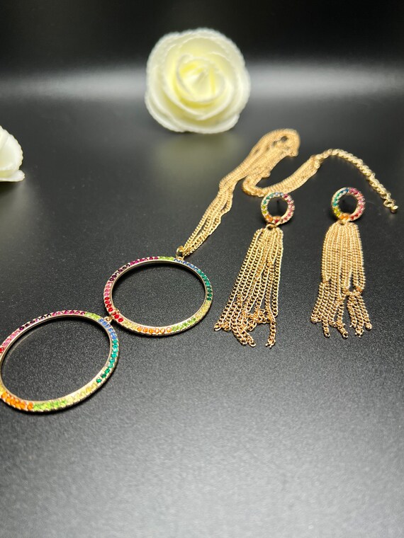 Elegant Rainbow Necklace Set, Rainbow Circle Pendant, Long Earrings, Statement Jewelry, Boho Style, Rainbow Jewelry