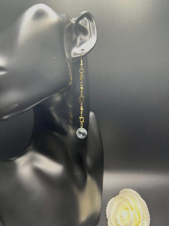 Gold and Crystal Drop Earrings, Long Gold Crystal Earring, Bridal Jewelry, Prom Jewelry, Handmade Jewelry