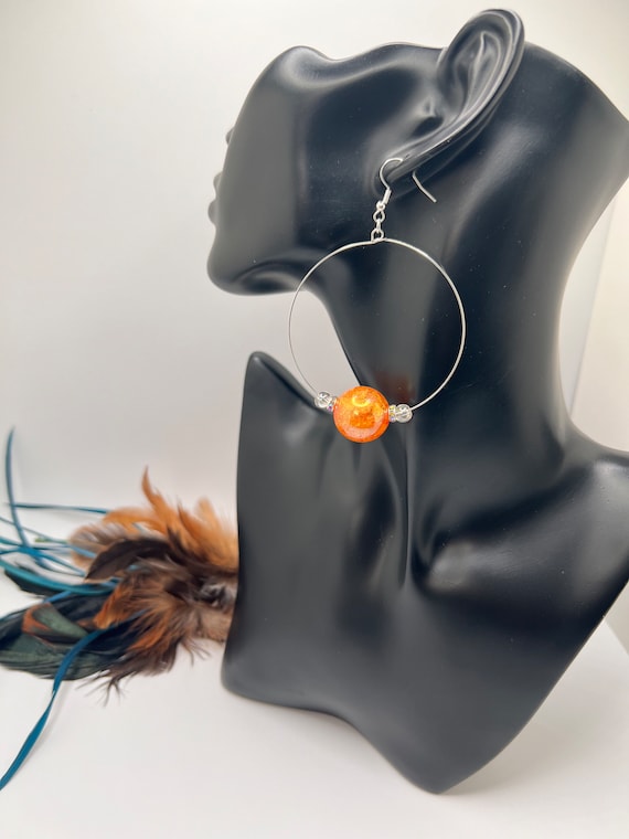 Orange Beaded Large Hoops, Silver Hoop Earrings, Large Hoop Earrings, Gumball Beaded Hoops, Orange & Silver