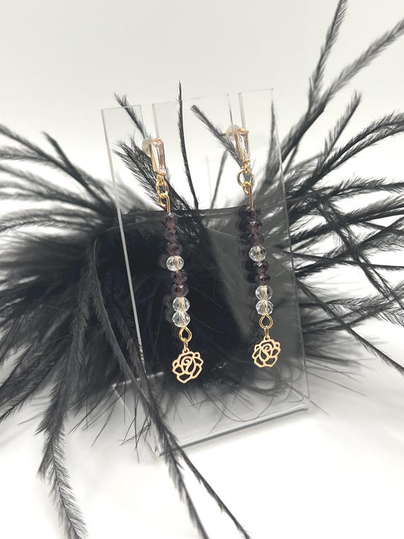Elegant Purple and Gold Flower Charm Earrings, Beaded Earrings, Crystal Posts, Wedding Jewelry, Bridal Jewelry