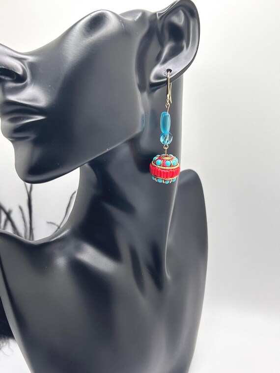 Red and Turquoise Beaded Dangle Earrings, Avant Garde Style, Statement Earrings, Red Earrings, Turquoise Gift