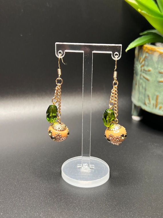 Vintage Beaded Earring, Elegant Earrings, Green and Beige Earrings, Formal Jewelry, Mom Gifts, Party Jewelry