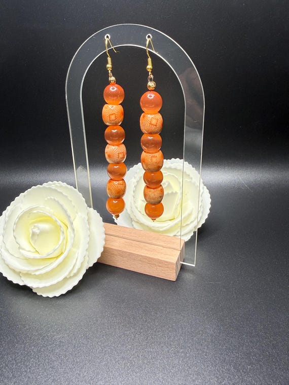 Orange Cat Eye Glass and Wood Beaded Dangle Earrings