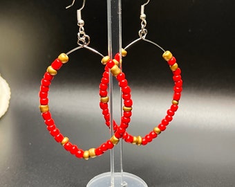 Red and Gold Glass Beaded Hoop Earrings