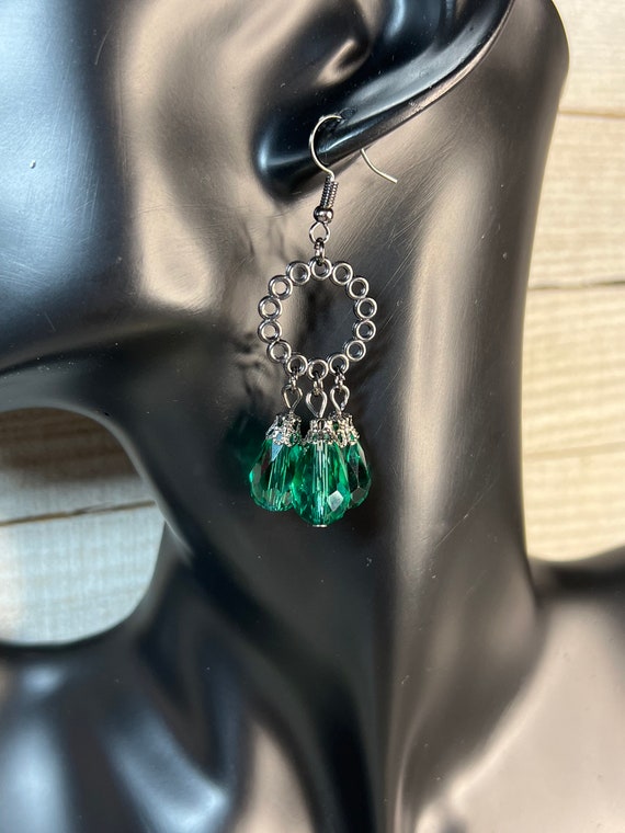 Green Teardrop Beaded Earrings, Black Metal Earrings, Bridal Earrings, Petite Green Earrings, Green Earrings, Green Bridal Earrings