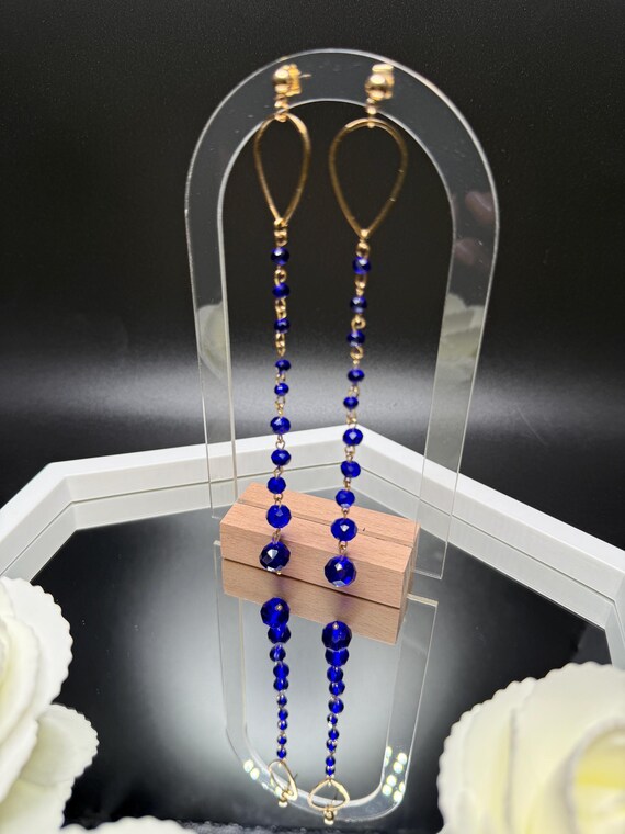 Blue and Gold Beaded Elegant Long Earrings, Blue Long Crystal Earrings, Bridal Jewelry, Blue Beaded Long Earrings