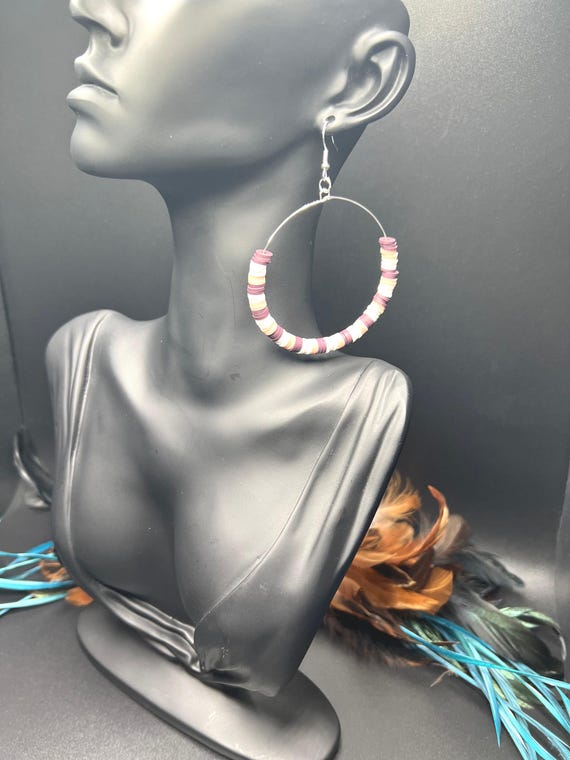 White and Dark Wine Heishi Beaded Hoop Earrings, Heishi Beaded Hoops, Silver Hoop Earrings, Boho Jewelry, Gift For Her, Festival Jewelry