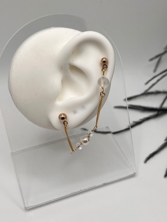 Pearl Beaded Stack Earrings with Chain, Modern Jewelry, Boho Earrings, Stack Earrings, Unique Gift for Her