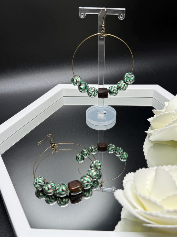 Green Brown Mulit Color Design Brown Square Glass Beaded Antique Brass Hoop Earrings