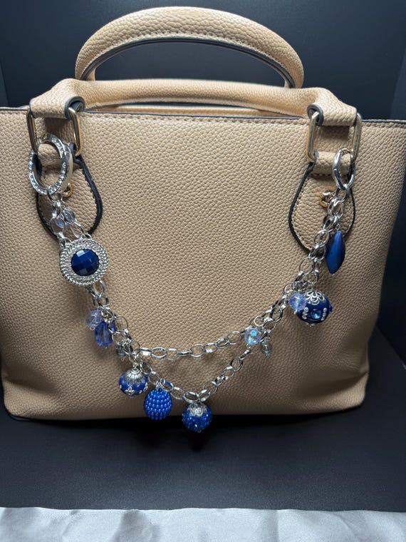 Purse Charm Elegant Blue Beaded Bracelet with Bling O ring