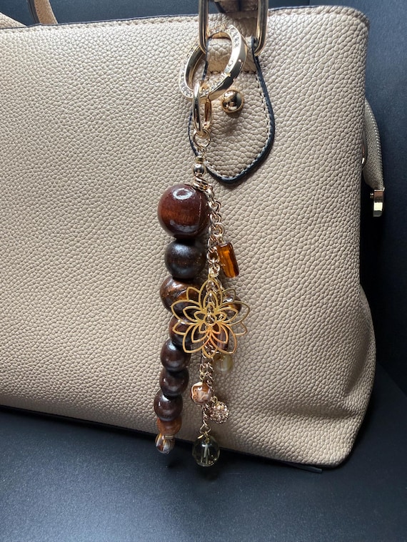 Wood and Open Flower Charm Keychain