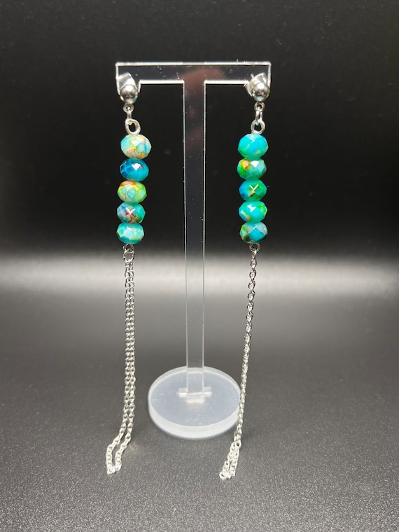 Multi Green Silver Long Post Earrings