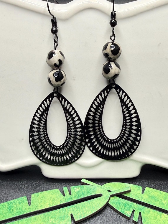 Black and White Beaded Black Hoops