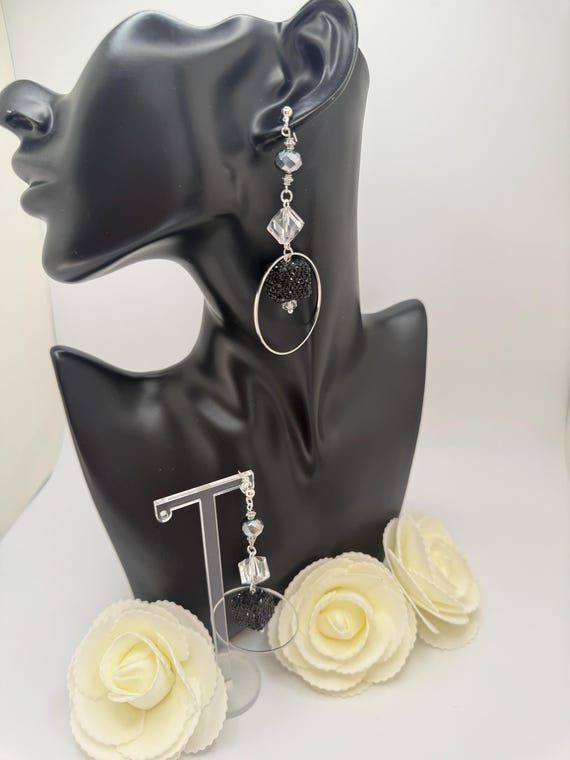 Black and Silver Elegant  Hoop Beaded Earrings