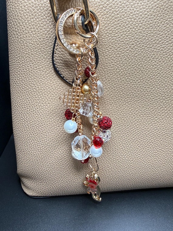 Red White and Gold Cat Charm Beaded Purse Bracelet with Bling O Ring