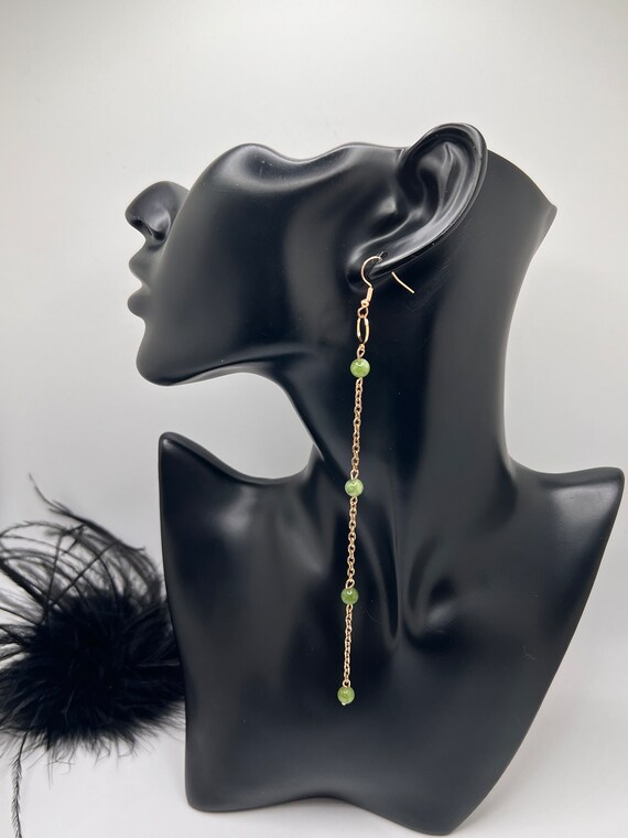 Green and Gold Long Beaded Earrings, Long Beaded Earrings, Green Earrings, Evening Jewelry, Statement Earrings, Gift for Her