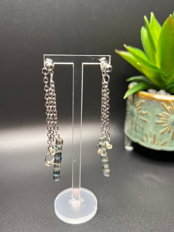 Blue Grey Triple Chain Beaded Earrings, Silver and Grey Earrings, Boho Earrings, Fun Jewelry, Handmade Earrings