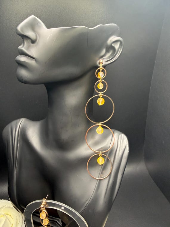 Multi Hoop Yellow Mermaid Beaded Long Gold Dangle Earrings