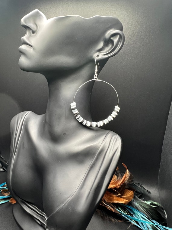 Heishi Beaded Hoop Earrings, Grey Heishi Beaded Hoops, Silver Hoop Earrings, Boho Jewelry, Gift For Her, Festival Jewelry