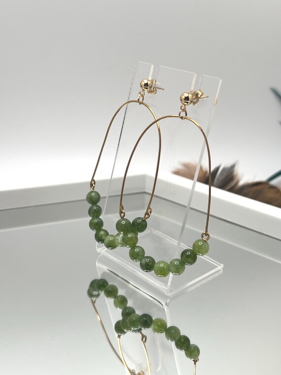 Green Earrings, Gold Hoop Earrings, Boho Oval Hoops, Handmade Jewelry, Green and Gold Oval Hoops, Gift for Her