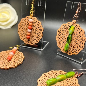 Wood Circle Earrings, Wood Glass Beaded Earrings, Urban Earrings, Wood Jewelry, Wood Earrings, Gift for Her