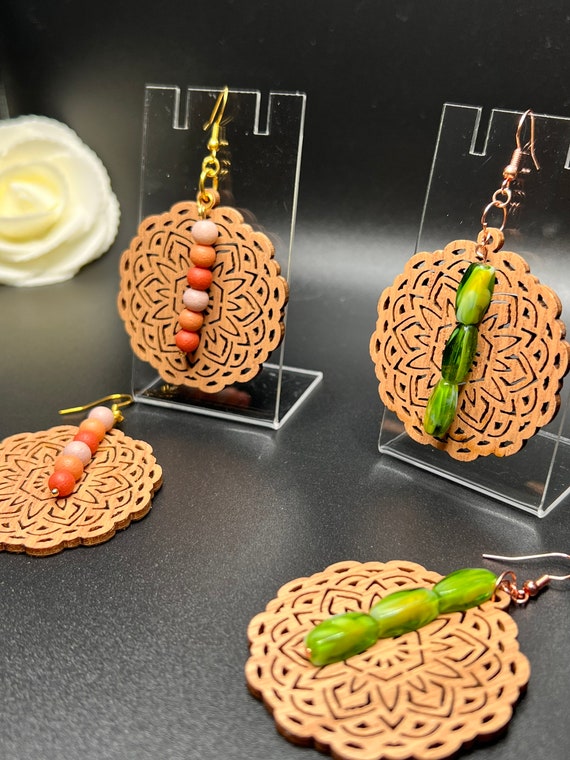 Wood Circle Earrings, Wood Glass Beaded Earrings, Urban Earrings, Wood Jewelry, Wood Earrings, Gift for Her
