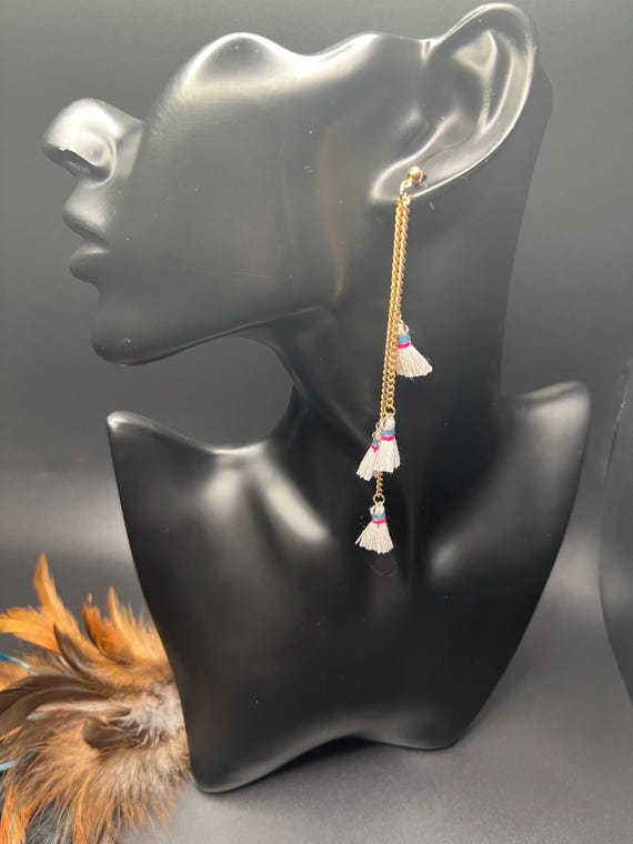 Gray Tassel Charm Long Earrings, Tassel Earrings, Boho Jewelry, Gray Earrings, Handmade Earrings, Gift For Her